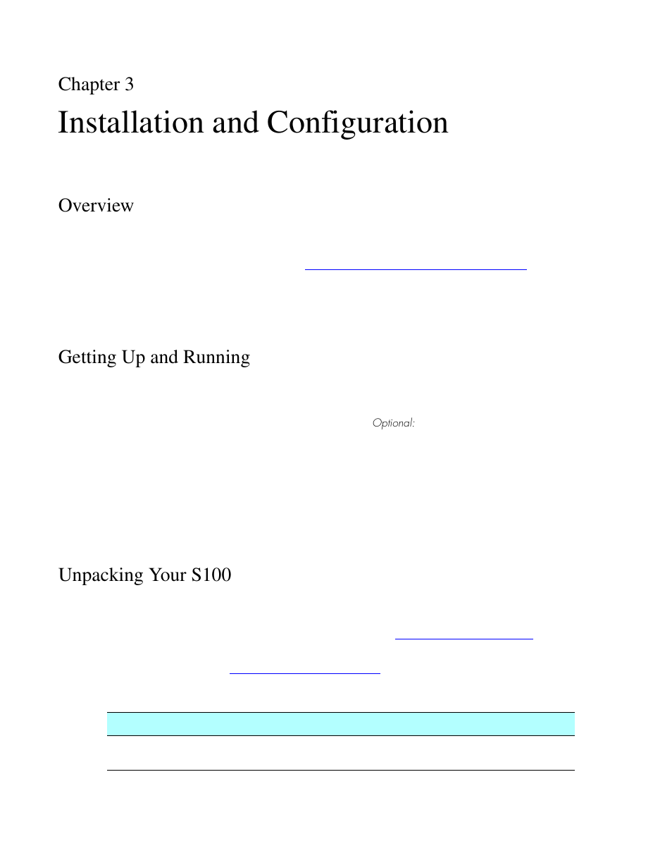 Chapter 3, Installation and configuration, Overview | Getting up and running, Unpacking your s100 | Symmetricom S100 User Manual | Page 21 / 166