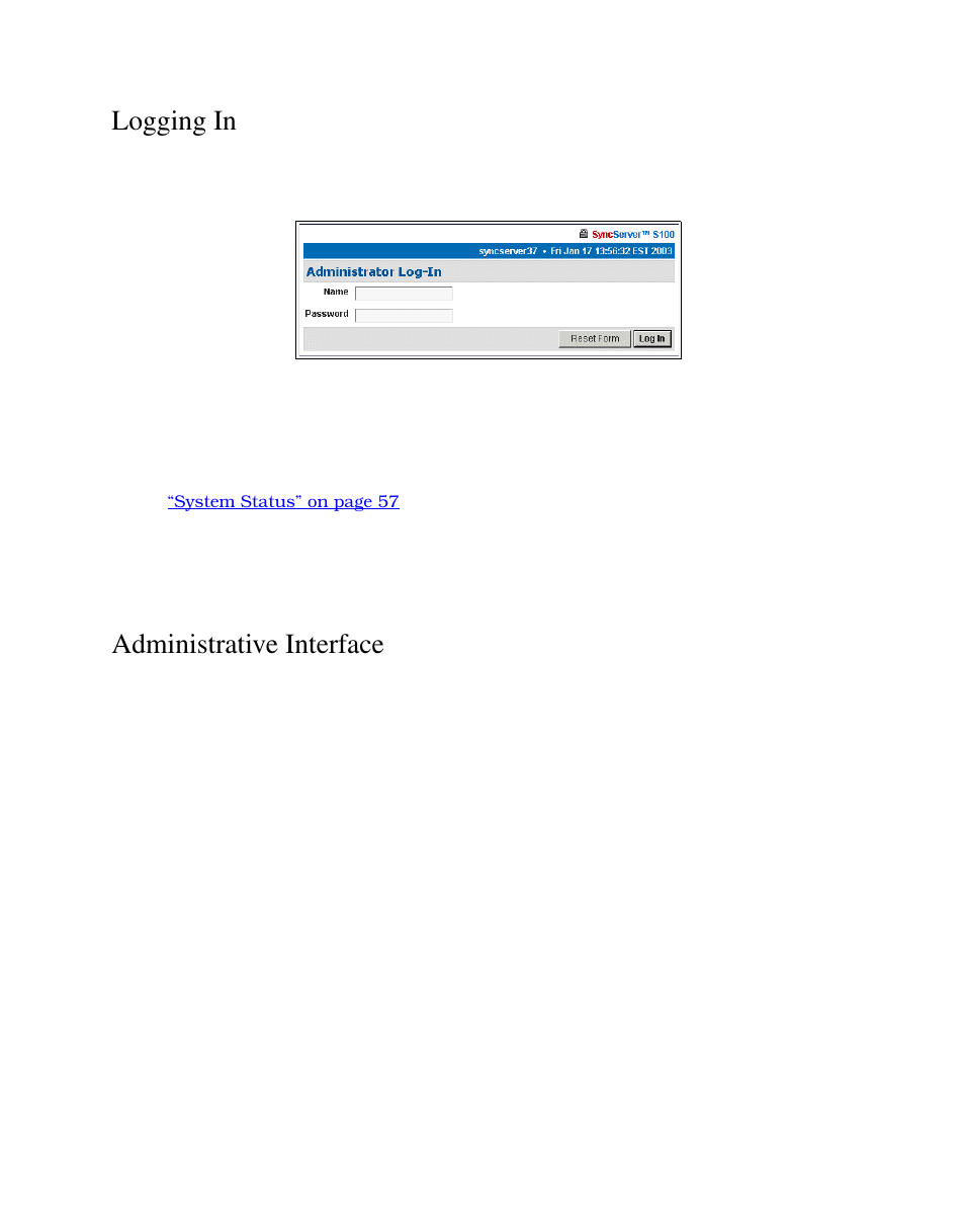 Logging in, Administrative interface | Symmetricom S100 User Manual | Page 62 / 166