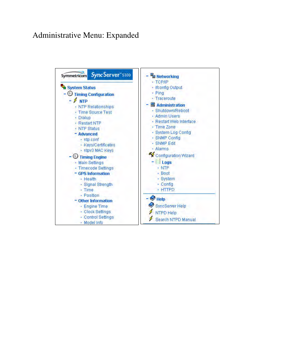 Administrative menu: expanded | Symmetricom S100 User Manual | Page 64 / 166