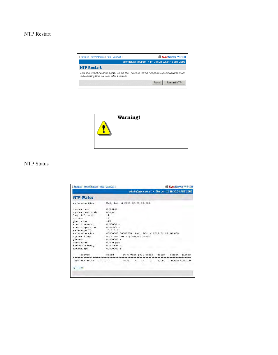 Ntp restart, Ntp status | Symmetricom S100 User Manual | Page 69 / 166