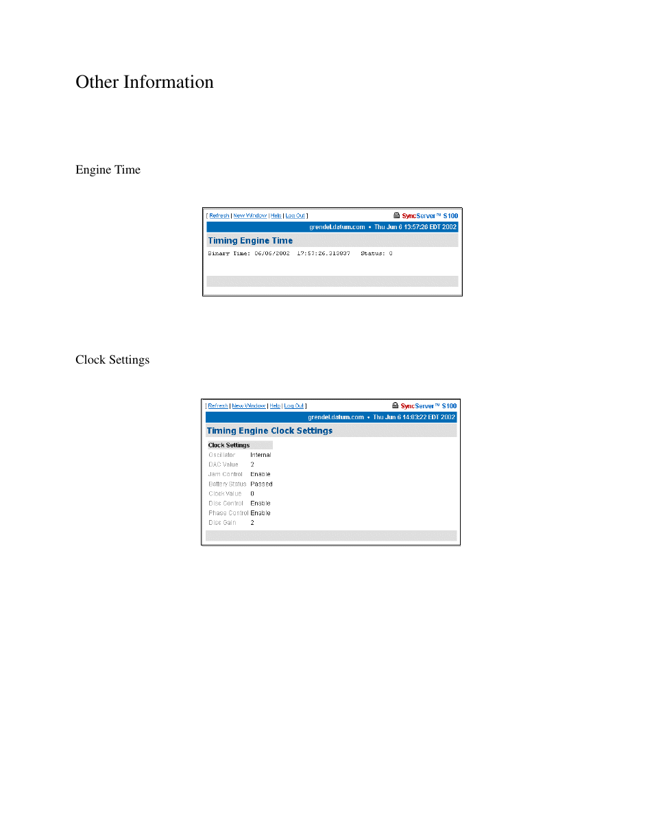 Other information, Engine time, Clock settings | Symmetricom S100 User Manual | Page 78 / 166