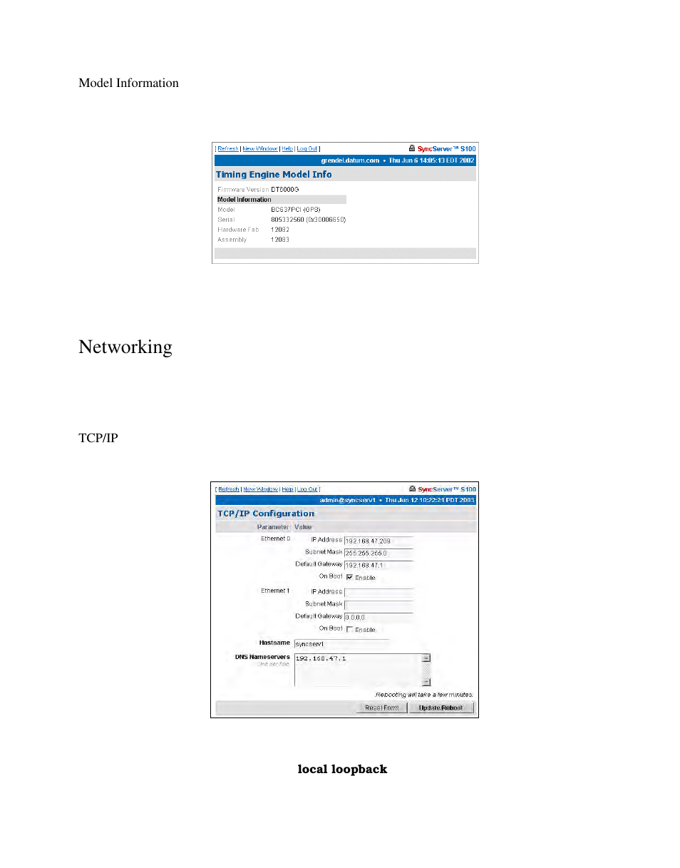 Model information, Networking, Tcp/ip | Symmetricom S100 User Manual | Page 80 / 166