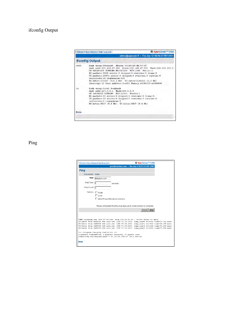 Ifconfig output, Ping | Symmetricom S100 User Manual | Page 82 / 166