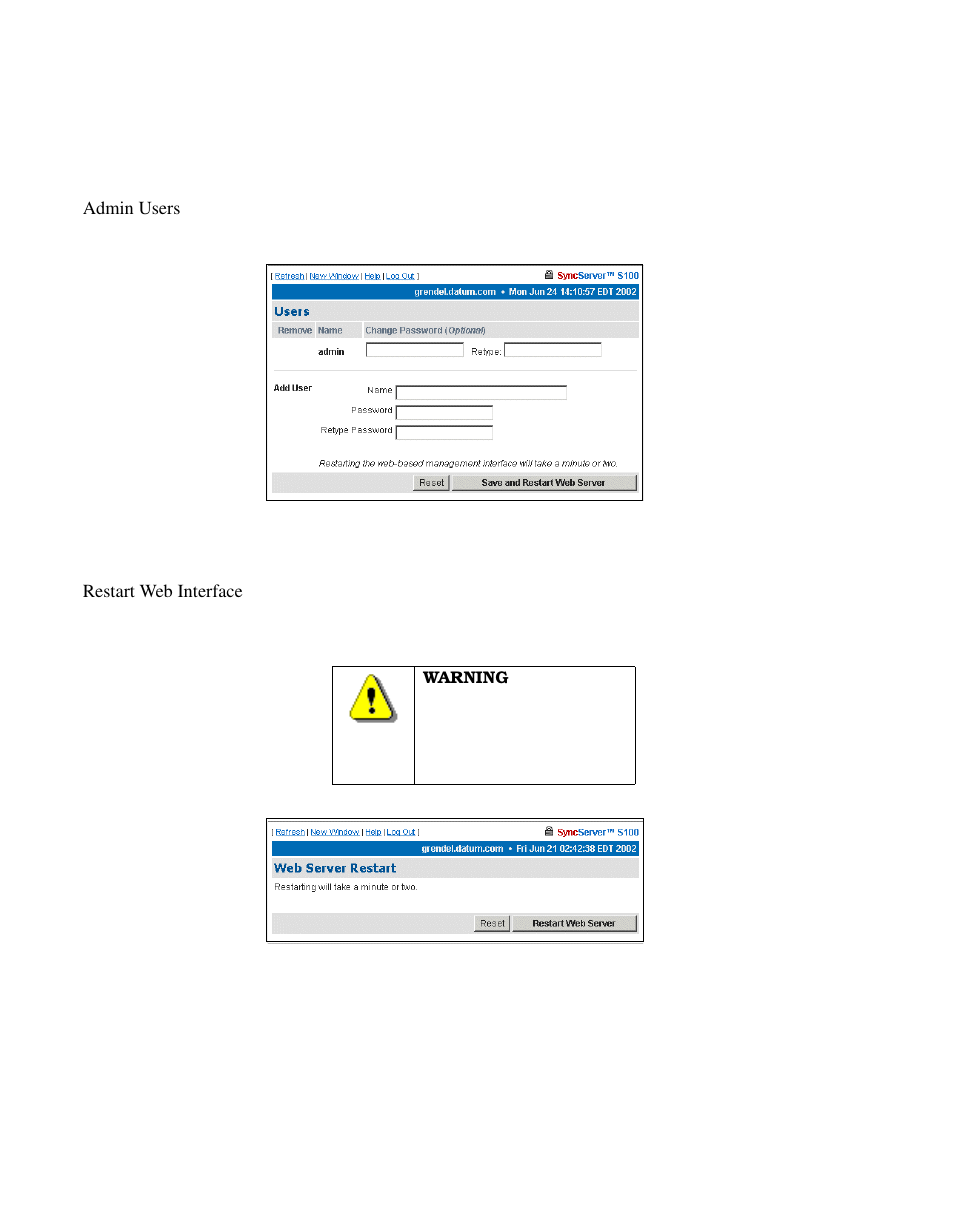 Admin users, Restart web interface | Symmetricom S100 User Manual | Page 85 / 166