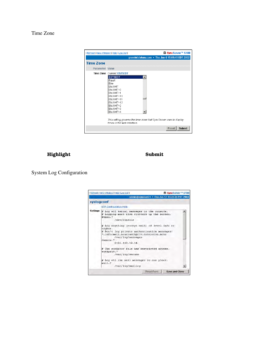 Time zone, System log configuration | Symmetricom S100 User Manual | Page 86 / 166