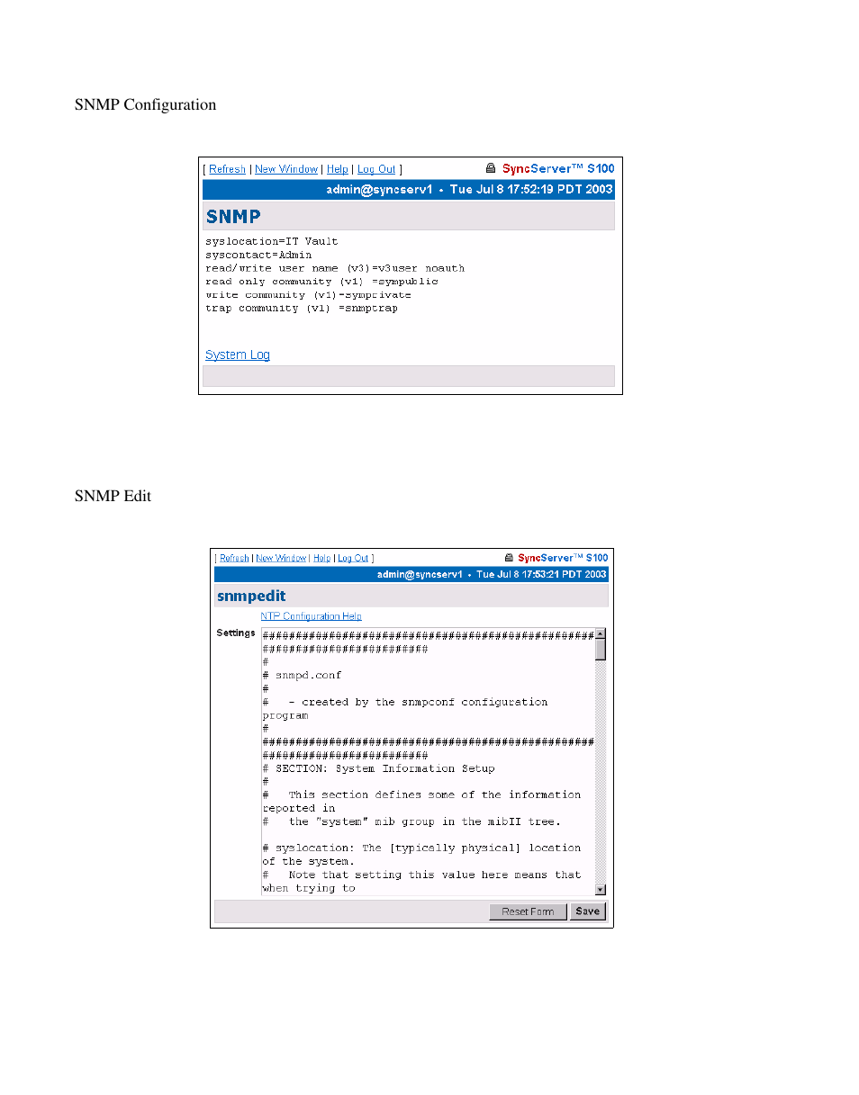 Snmp configuration, Snmp edit | Symmetricom S100 User Manual | Page 87 / 166