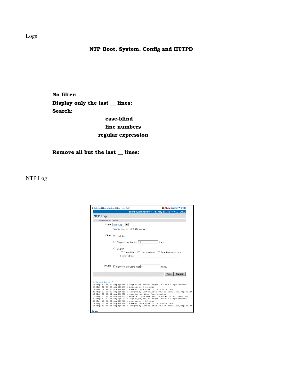 Logs, Ntp log | Symmetricom S100 User Manual | Page 89 / 166