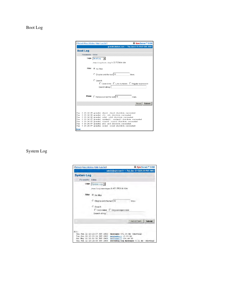 Boot log, System log | Symmetricom S100 User Manual | Page 90 / 166
