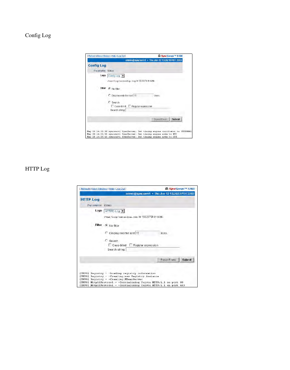 Config log, Http log | Symmetricom S100 User Manual | Page 91 / 166