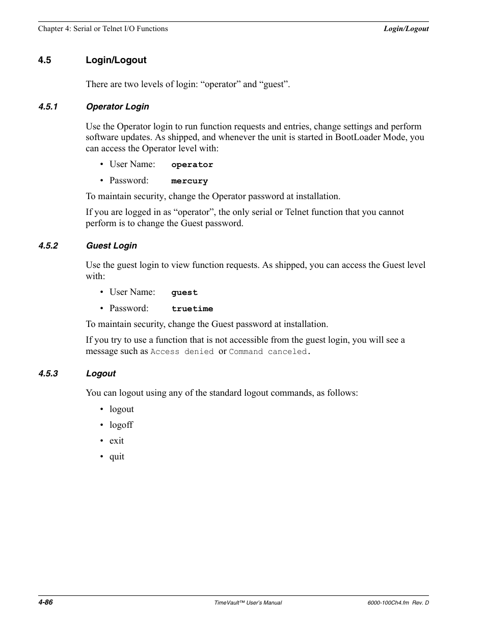 5 login/logout, 1 operator login, 2 guest login | 3 logout, Login/logout, Operator login, Guest login, Logout | Symmetricom Time Server User Manual | Page 100 / 148