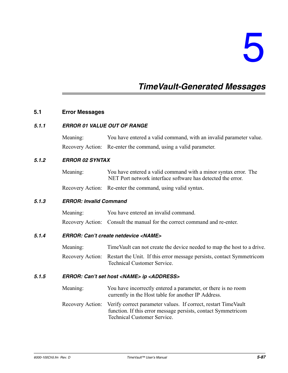 Timevault-generated messages, 1 error messages, Timevault-generated messages 87 | Error messages | Symmetricom Time Server User Manual | Page 101 / 148