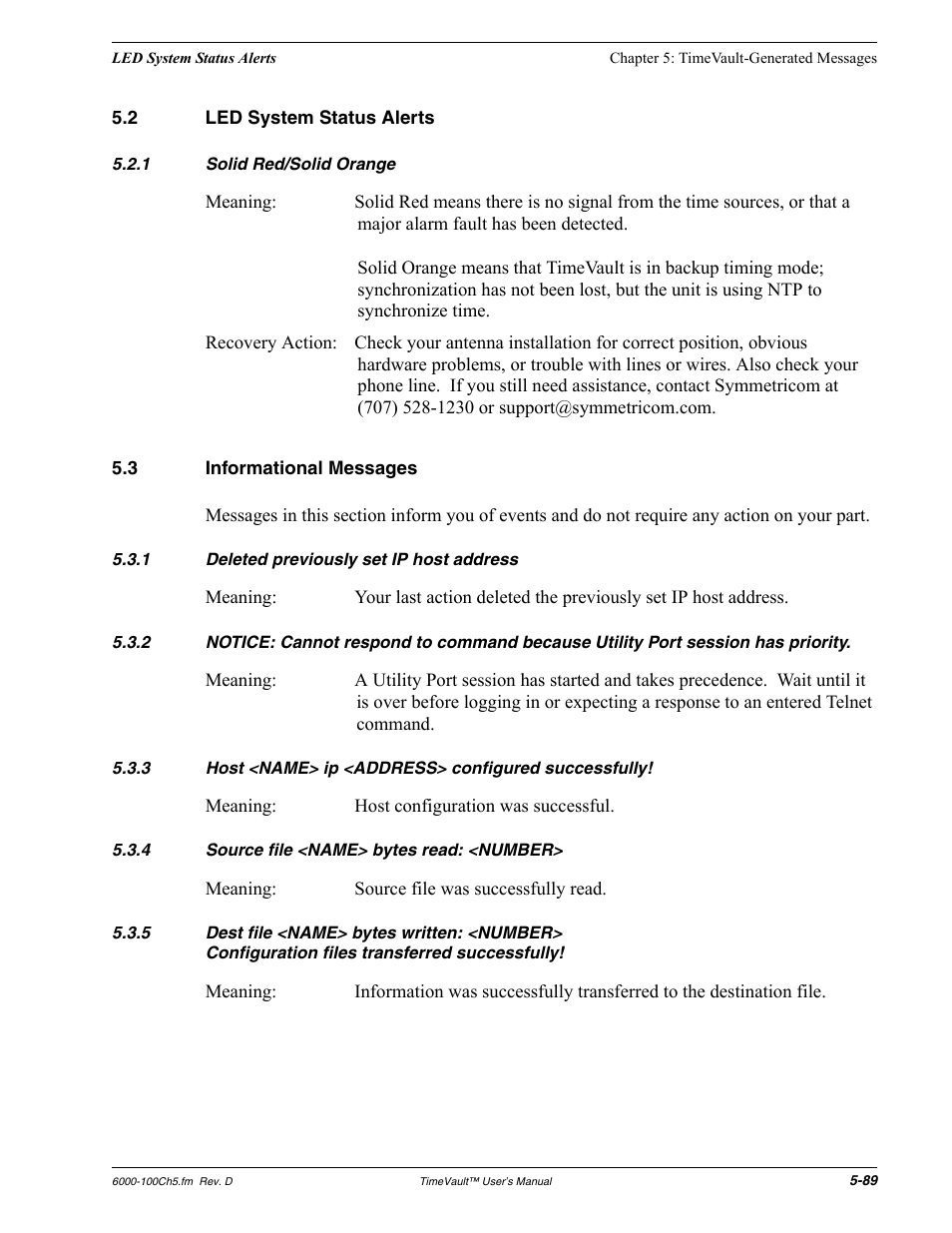2 led system status alerts, 1 solid red/solid orange, 3 informational messages | Led system status alerts, Solid red/solid orange, Informational messages | Symmetricom Time Server User Manual | Page 103 / 148