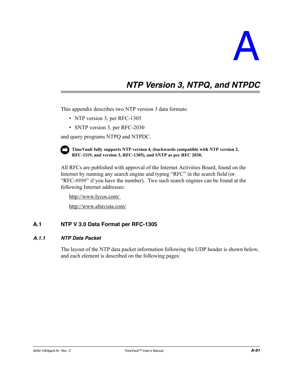 Ntp version 3, ntpq, and ntpdc, A.1 ntp v 3.0 data format per rfc-1305, A.1.1 ntp data packet | Ntp version 3, ntpq, and ntpdc 91, Ntp v 3.0 data format per rfc-1305, Ntp data packet, Appendix | Symmetricom Time Server User Manual | Page 105 / 148