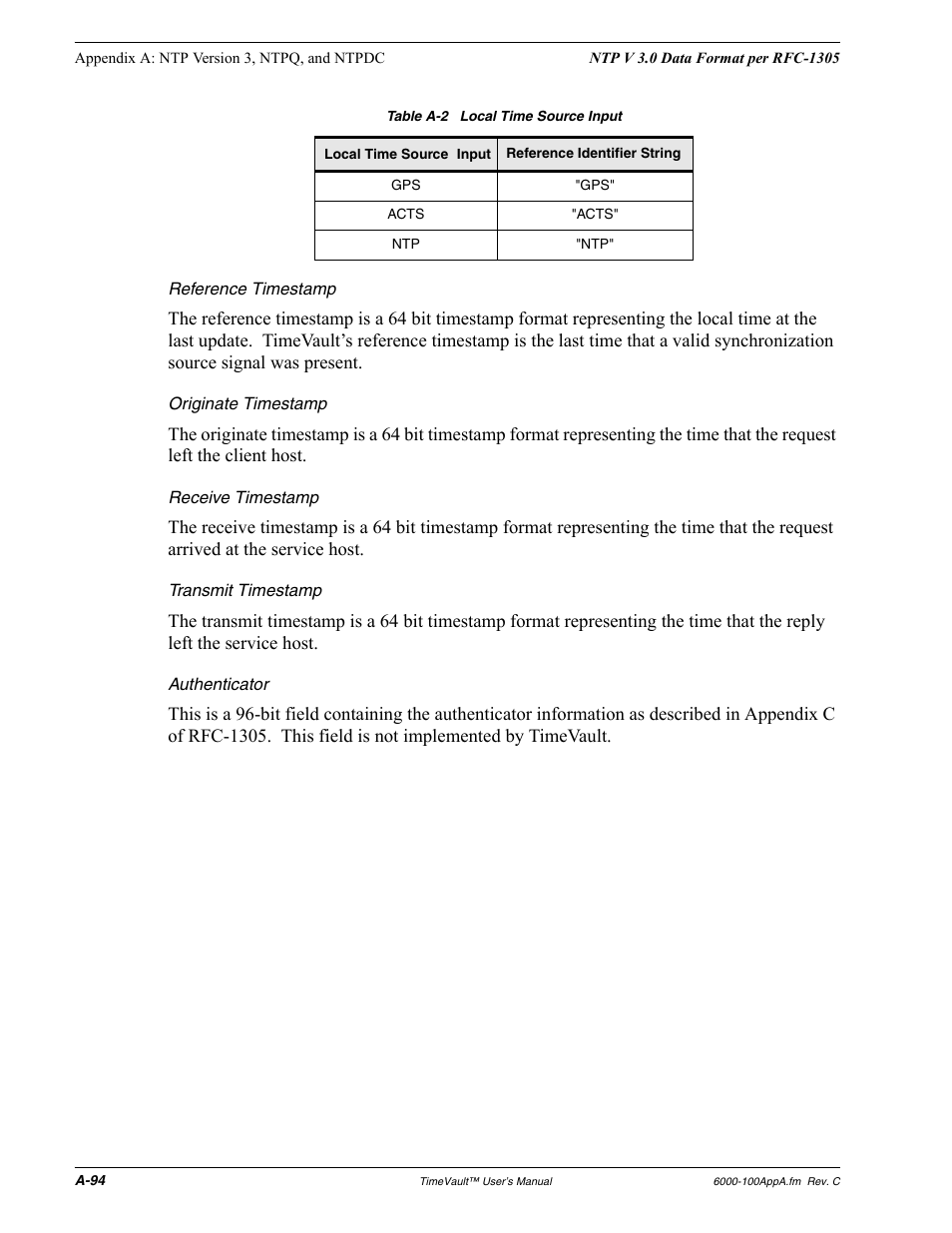 Reference timestamp, Originate timestamp, Receive timestamp | Transmit timestamp, Authenticator | Symmetricom Time Server User Manual | Page 108 / 148