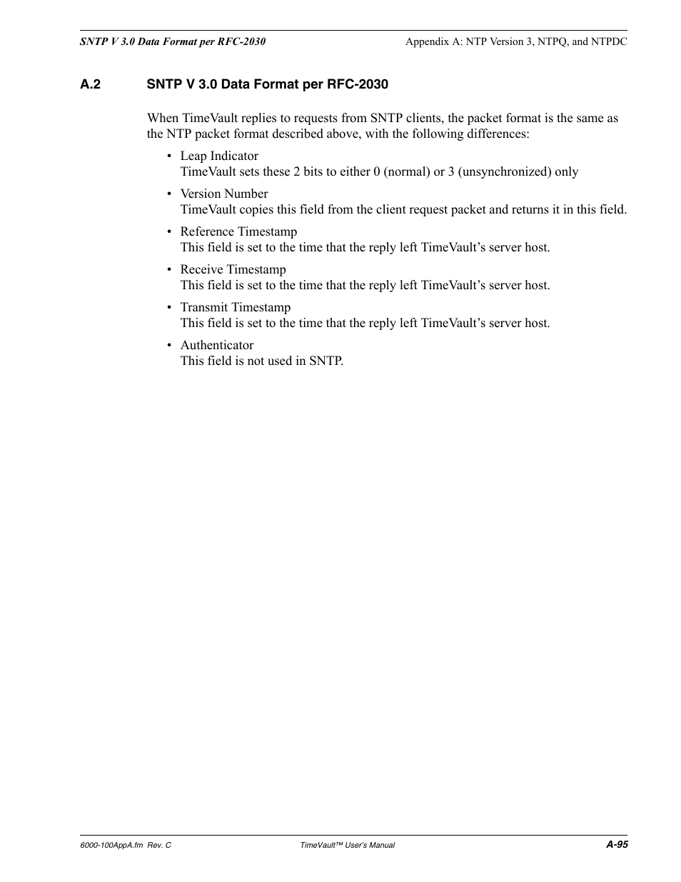 A.2 sntp v 3.0 data format per rfc-2030, Sntp v 3.0 data format per rfc-2030 | Symmetricom Time Server User Manual | Page 109 / 148