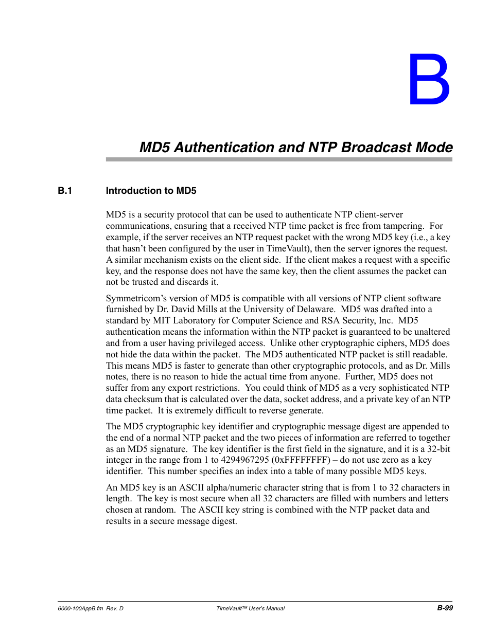 Md5 authentication and ntp broadcast mode, B.1 introduction to md5, Md5 authentication and ntp broadcast mode 99 | Introduction to md5, A and appendix b | Symmetricom Time Server User Manual | Page 113 / 148