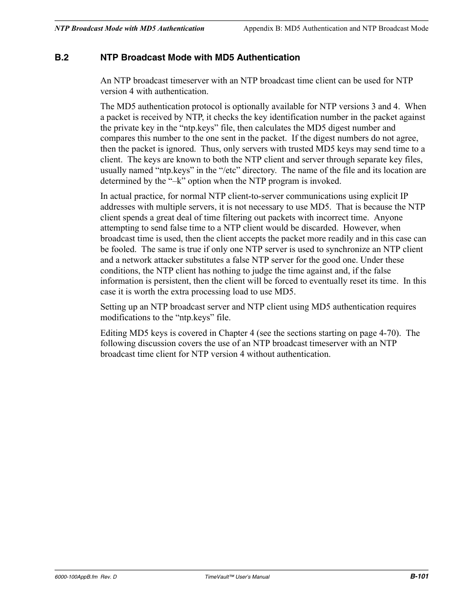 B.2 ntp broadcast mode with md5 authentication, Ntp broadcast mode with md5 authentication | Symmetricom Time Server User Manual | Page 115 / 148