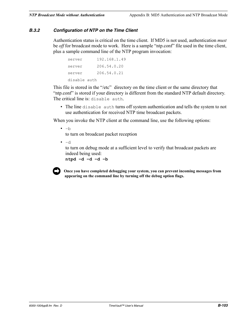 B.3.2 configuration of ntp on the time client, Configuration of ntp on the time client | Symmetricom Time Server User Manual | Page 117 / 148