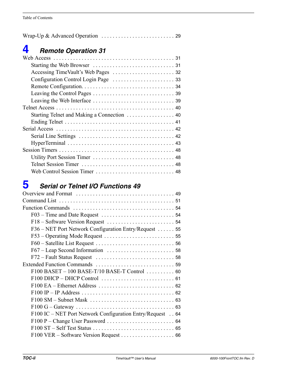 Remote operation 31, Serial or telnet i/o functions 49 | Symmetricom Time Server User Manual | Page 12 / 148