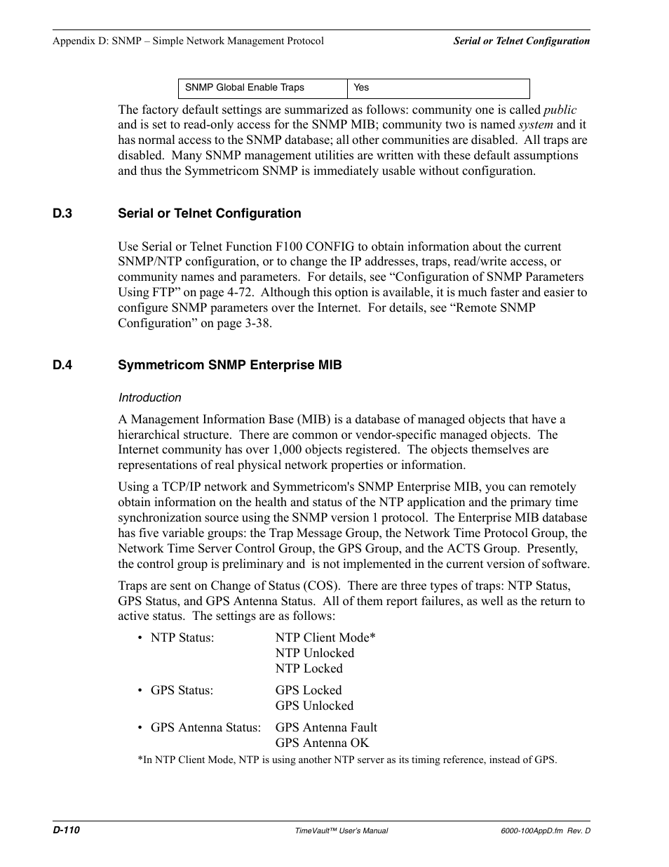 D.3 serial or telnet configuration, D.4 symmetricom snmp enterprise mib, Introduction | Serial or telnet configuration, Symmetricom snmp enterprise mib | Symmetricom Time Server User Manual | Page 124 / 148
