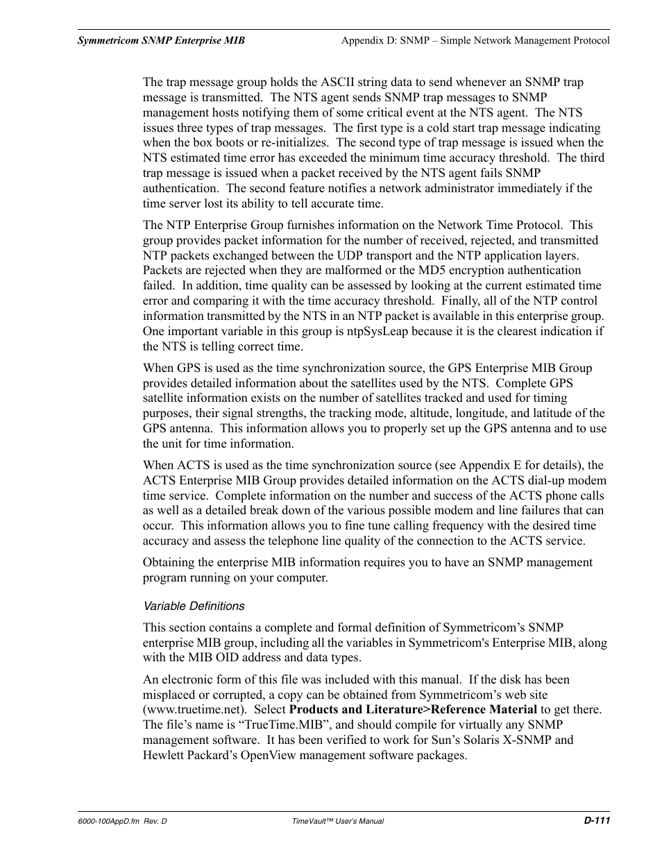 Variable definitions | Symmetricom Time Server User Manual | Page 125 / 148