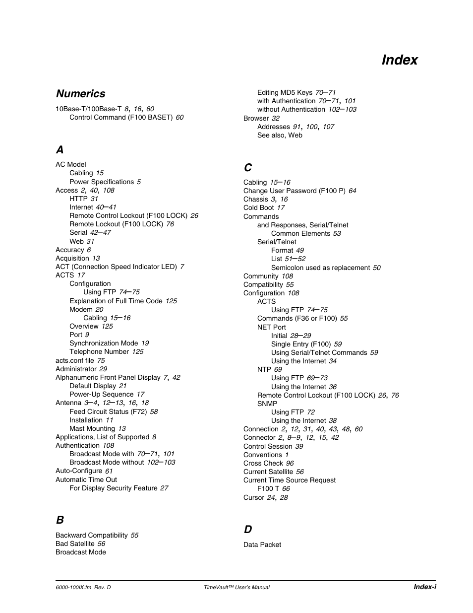 Index, Numerics | Symmetricom Time Server User Manual | Page 143 / 148