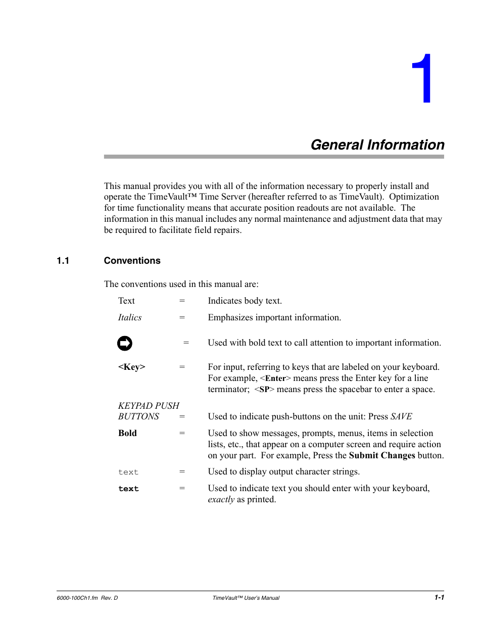 General information, 1 conventions, General information 1 | Conventions | Symmetricom Time Server User Manual | Page 15 / 148