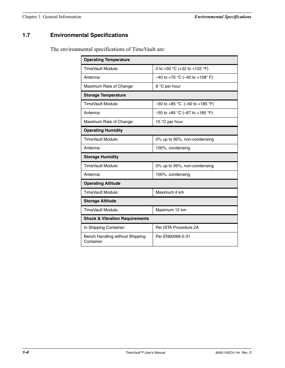 7 environmental specifications, Environmental specifications | Symmetricom Time Server User Manual | Page 18 / 148