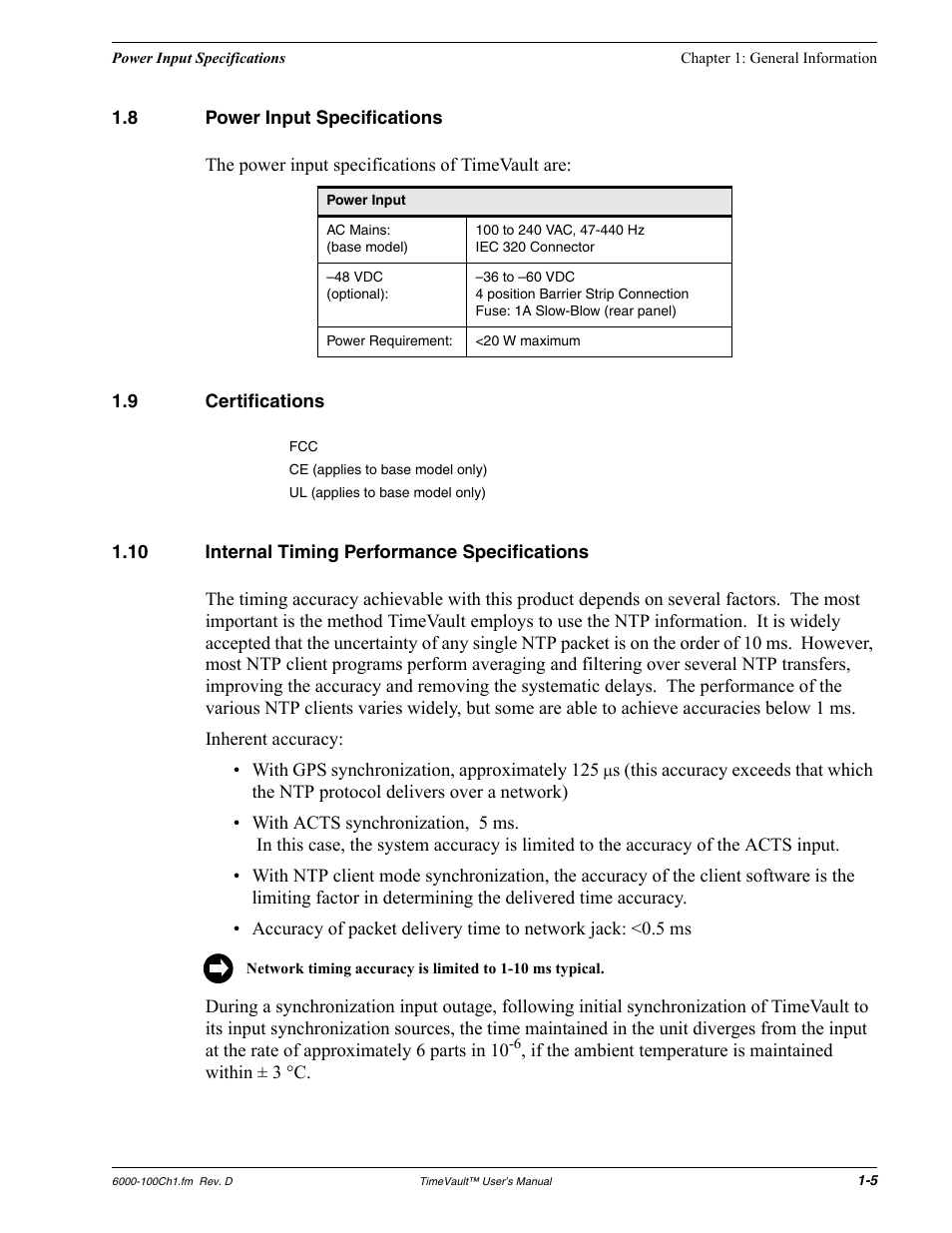8 power input specifications, 9 certifications, 10 internal timing performance specifications | Power input specifications, Certifications, Internal timing performance specifications | Symmetricom Time Server User Manual | Page 19 / 148
