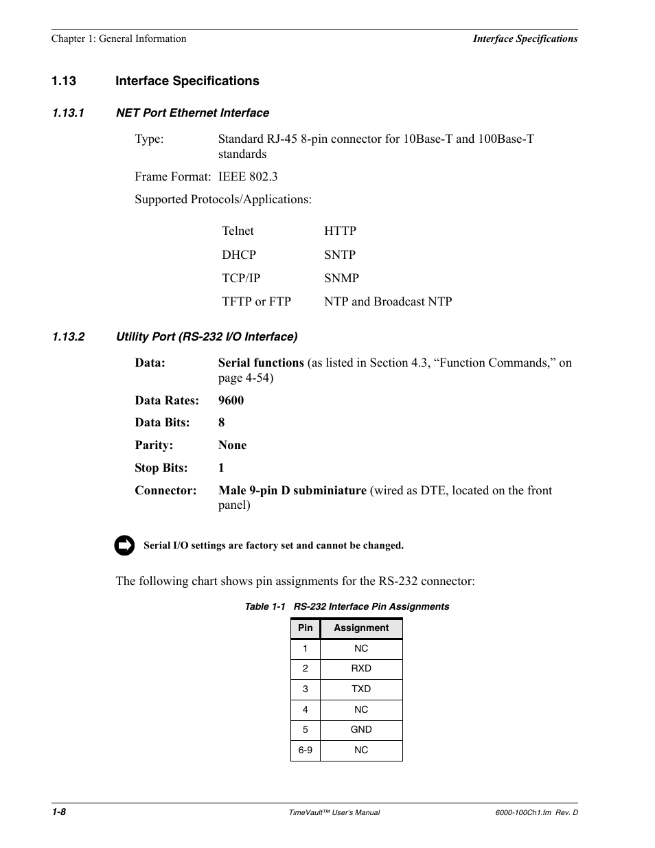 13 interface specifications, 1 net port ethernet interface, 2 utility port (rs-232 i/o interface) | Interface specifications, Net port ethernet interface, Utility port (rs-232 i/o interface) | Symmetricom Time Server User Manual | Page 22 / 148