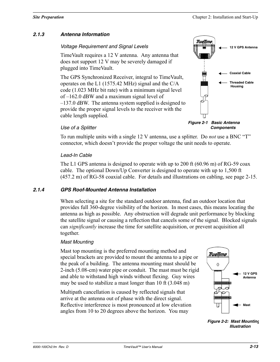 3 antenna information, Voltage requirement and signal levels, Use of a splitter | Lead-in cable, 4 gps roof-mounted antenna installation, Figure 2-1 basic antenna components, Antenna information, Gps roof-mounted antenna installation | Symmetricom Time Server User Manual | Page 27 / 148