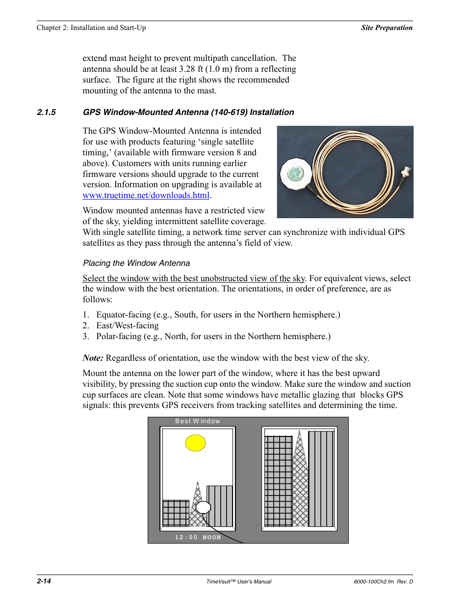 Placing the window antenna, Gps window-mounted antenna (140-619) installation | Symmetricom Time Server User Manual | Page 28 / 148
