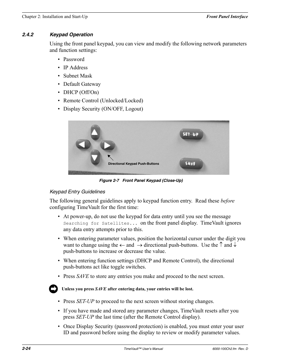 2 keypad operation, Keypad entry guidelines, Keypad operation | Symmetricom Time Server User Manual | Page 38 / 148