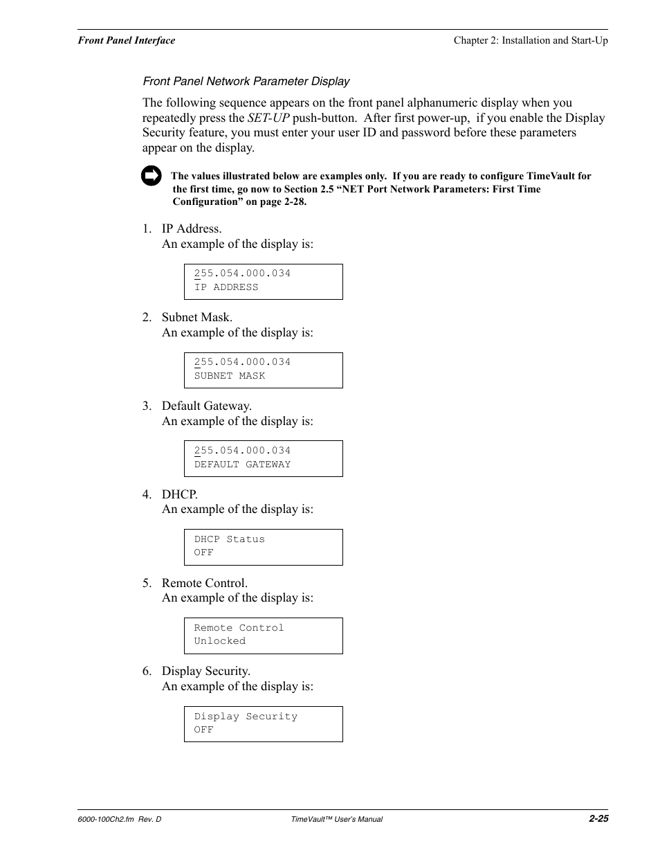 Front panel network parameter display | Symmetricom Time Server User Manual | Page 39 / 148