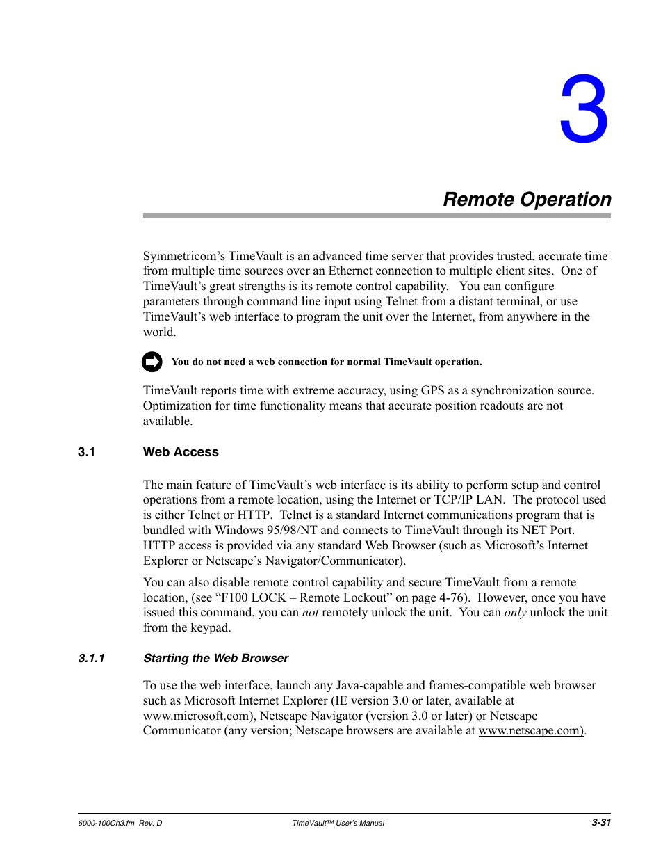 Remote operation, 1 web access, 1 starting the web browser | Remote operation 31, Web access, Starting the web browser | Symmetricom Time Server User Manual | Page 45 / 148