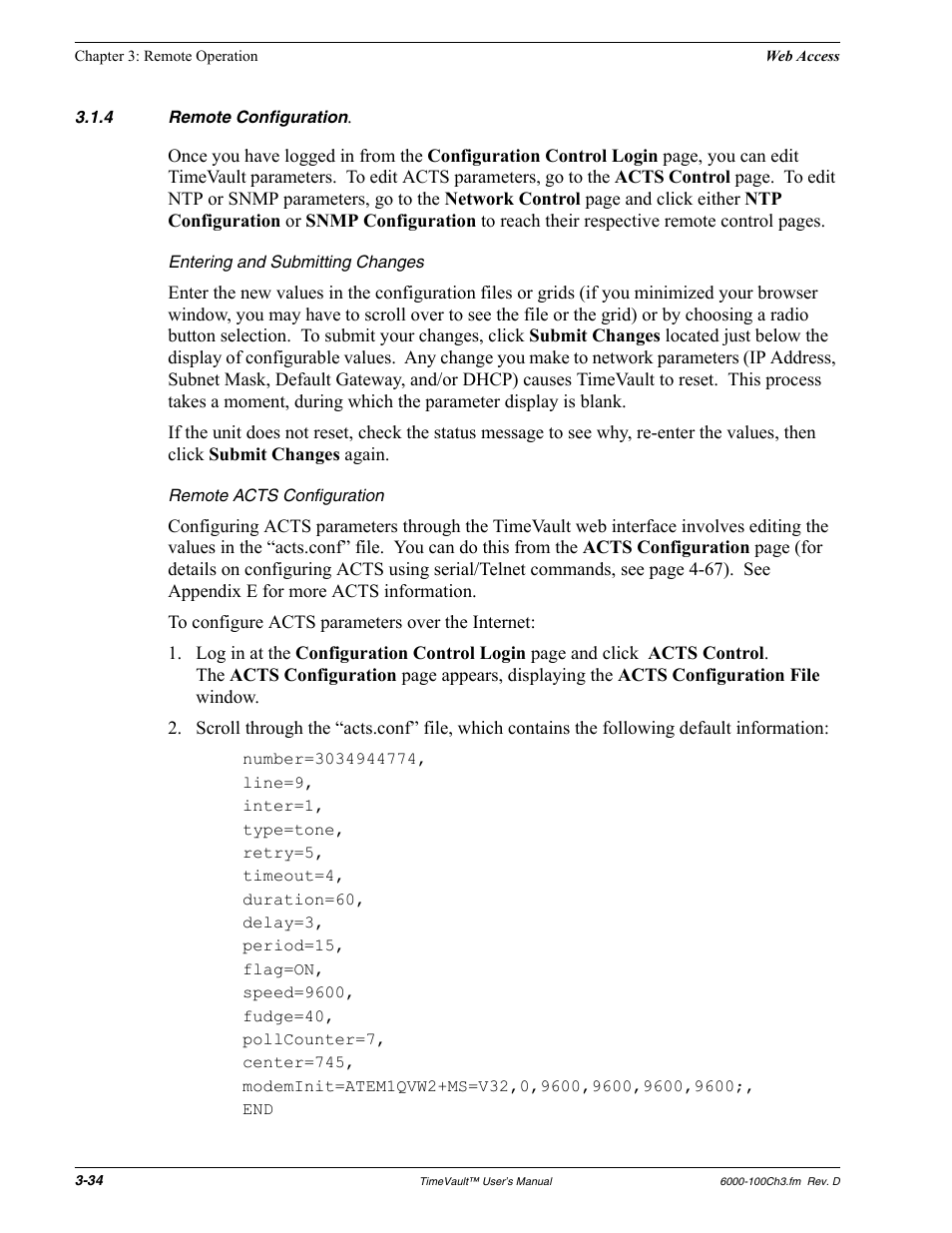 4 remote configuration, Entering and submitting changes, Remote acts configuration | Remote configuration | Symmetricom Time Server User Manual | Page 48 / 148