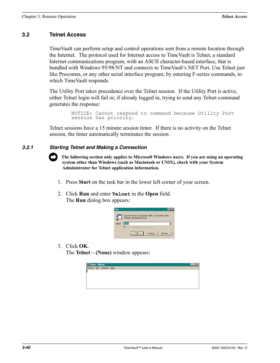 2 telnet access, 1 starting telnet and making a connection, Telnet access | Starting telnet and making a connection | Symmetricom Time Server User Manual | Page 54 / 148