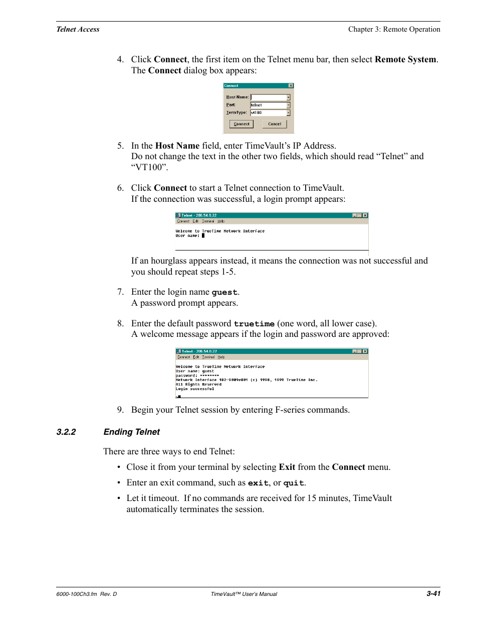 2 ending telnet, Ending telnet | Symmetricom Time Server User Manual | Page 55 / 148