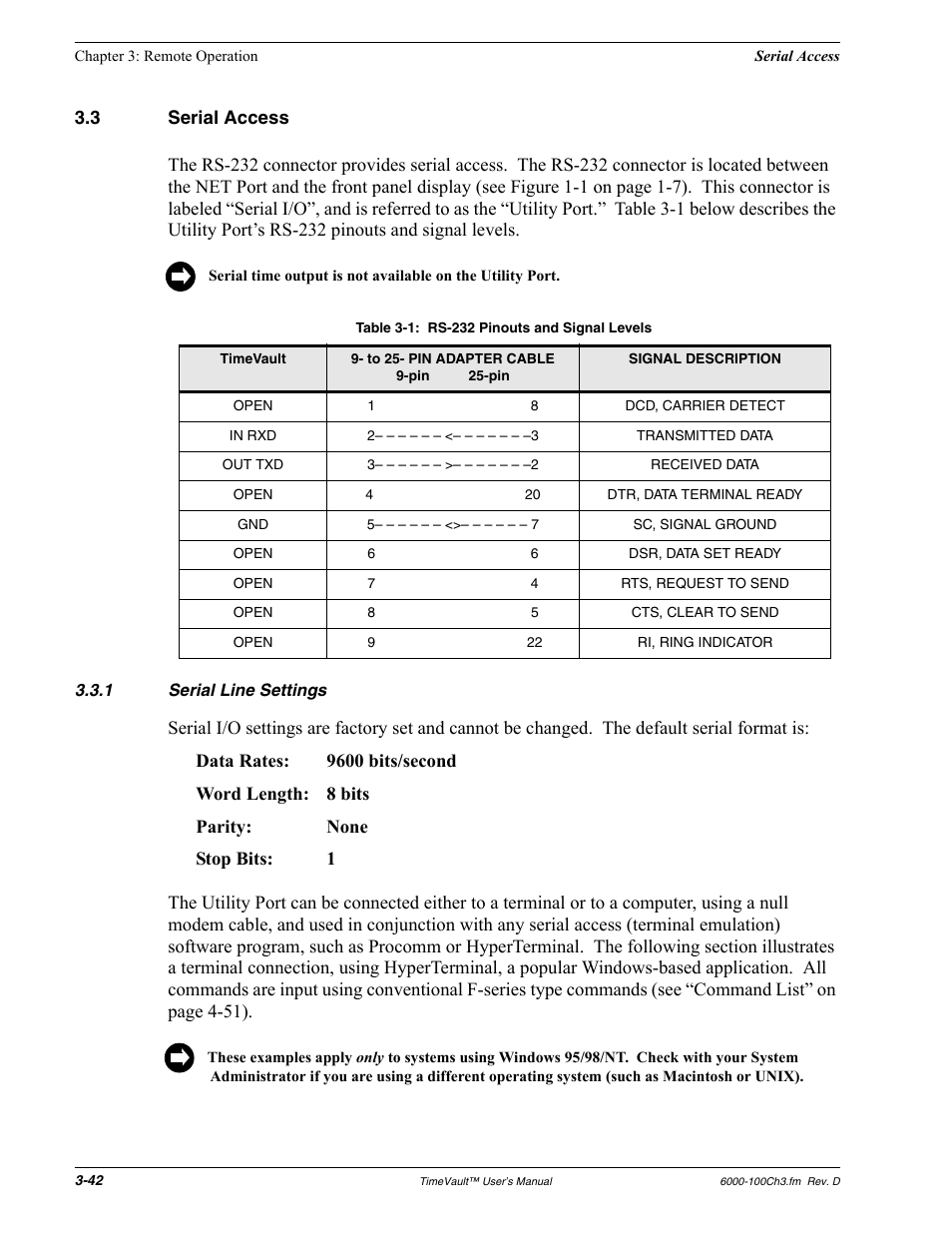 3 serial access, 1 serial line settings, Serial access | Serial line settings | Symmetricom Time Server User Manual | Page 56 / 148