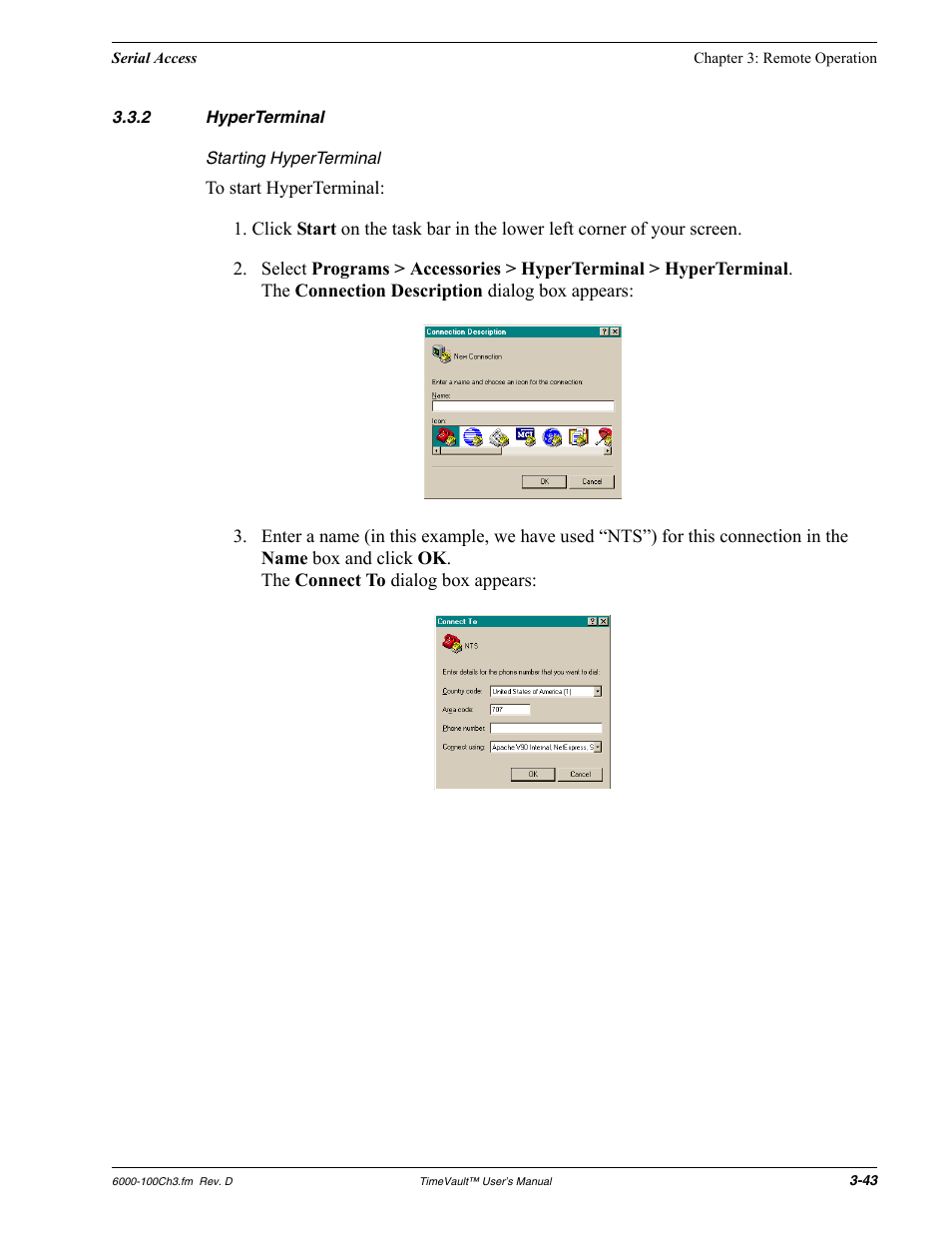 2 hyperterminal, Starting hyperterminal, Hyperterminal | Symmetricom Time Server User Manual | Page 57 / 148