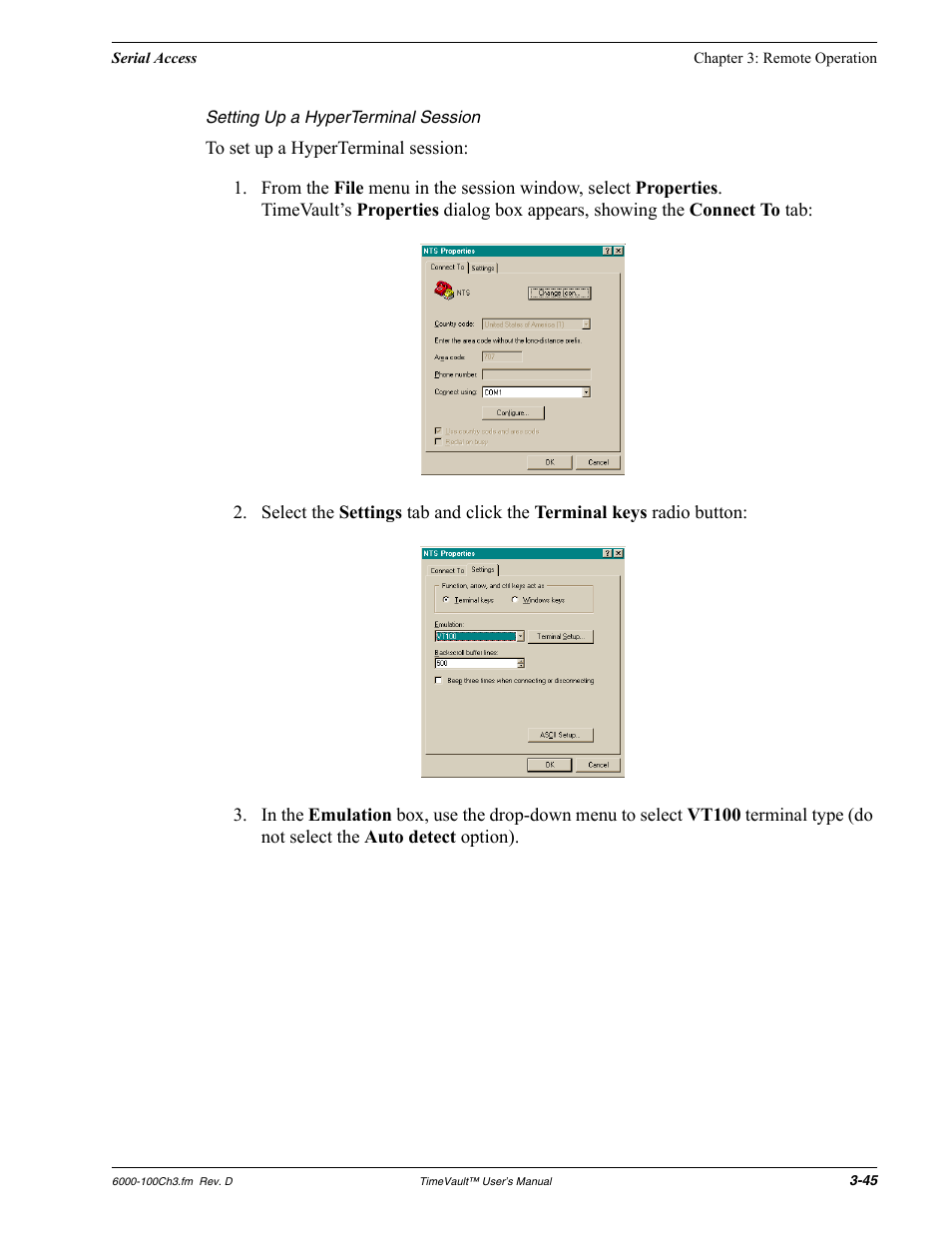 Setting up a hyperterminal session | Symmetricom Time Server User Manual | Page 59 / 148