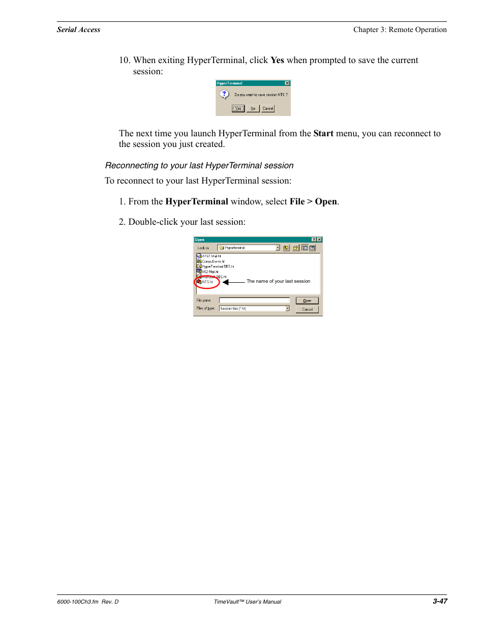 Reconnecting to your last hyperterminal session | Symmetricom Time Server User Manual | Page 61 / 148