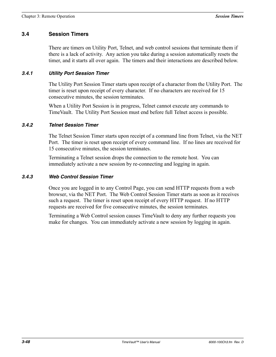 4 session timers, 1 utility port session timer, 2 telnet session timer | 3 web control session timer, Session timers, Utility port session timer, Telnet session timer, Web control session timer | Symmetricom Time Server User Manual | Page 62 / 148