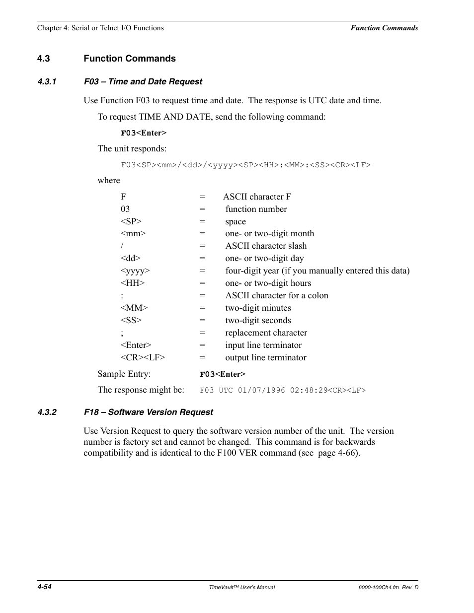 3 function commands, 1 f03 - time and date request, 2 f18 - software version request | Function commands, F03 – time and date request, F18 – software version request | Symmetricom Time Server User Manual | Page 68 / 148