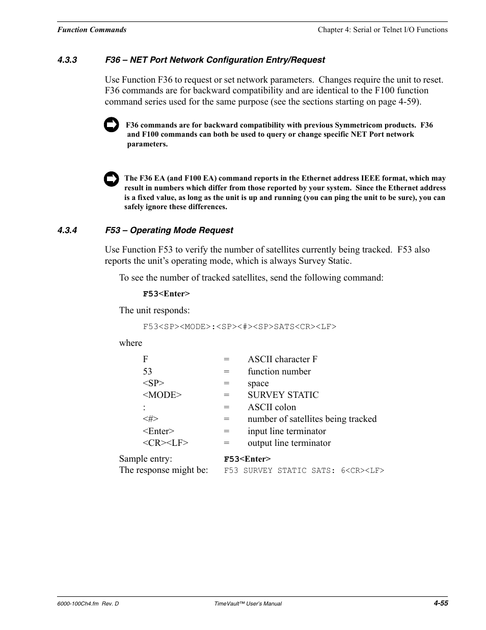 4 f53 - operating mode request, F36 – net port network configuration entry/request, F53 – operating mode request | Symmetricom Time Server User Manual | Page 69 / 148