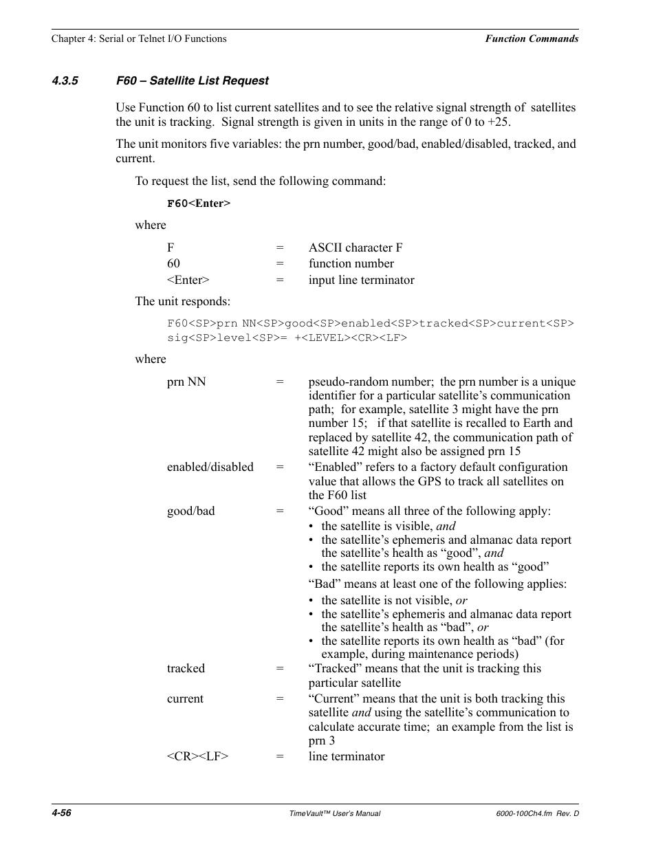 5 f60 - satellite list request, F60 – satellite list request | Symmetricom Time Server User Manual | Page 70 / 148