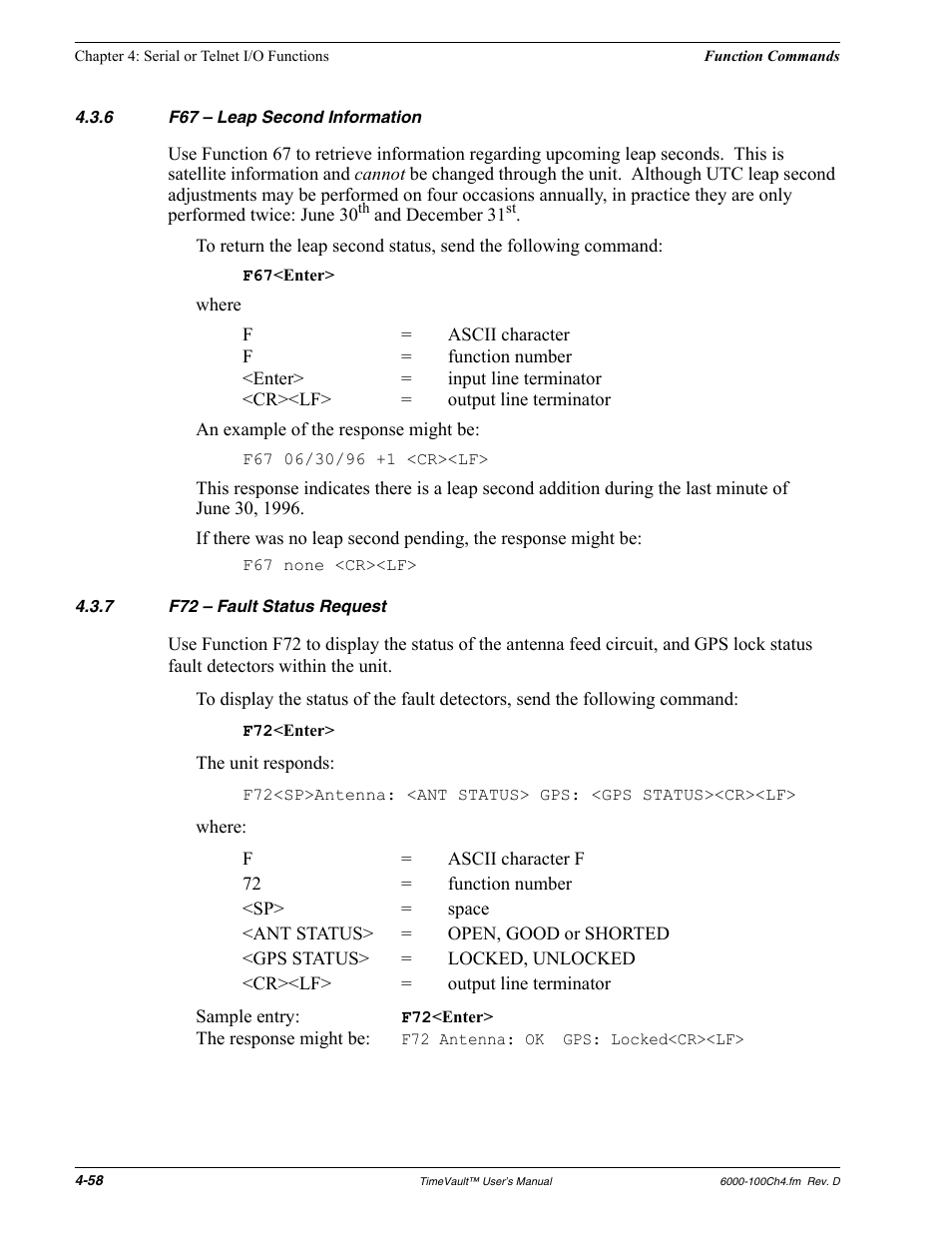 6 f67 - leap second information, 7 f72 - fault status request, F67 – leap second information | F72 – fault status request | Symmetricom Time Server User Manual | Page 72 / 148