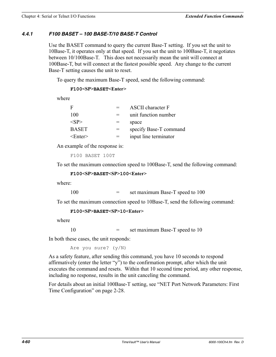 1 f100 baset - 100 base-t/10 base-t control, F100 baset – 100 base-t/10 base-t control | Symmetricom Time Server User Manual | Page 74 / 148