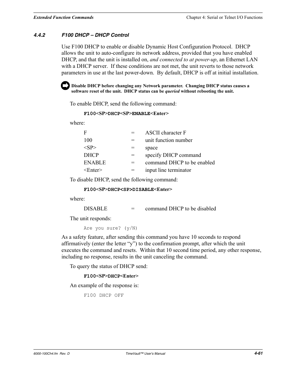 2 f100 dhcp - dhcp control, F100 dhcp – dhcp control | Symmetricom Time Server User Manual | Page 75 / 148