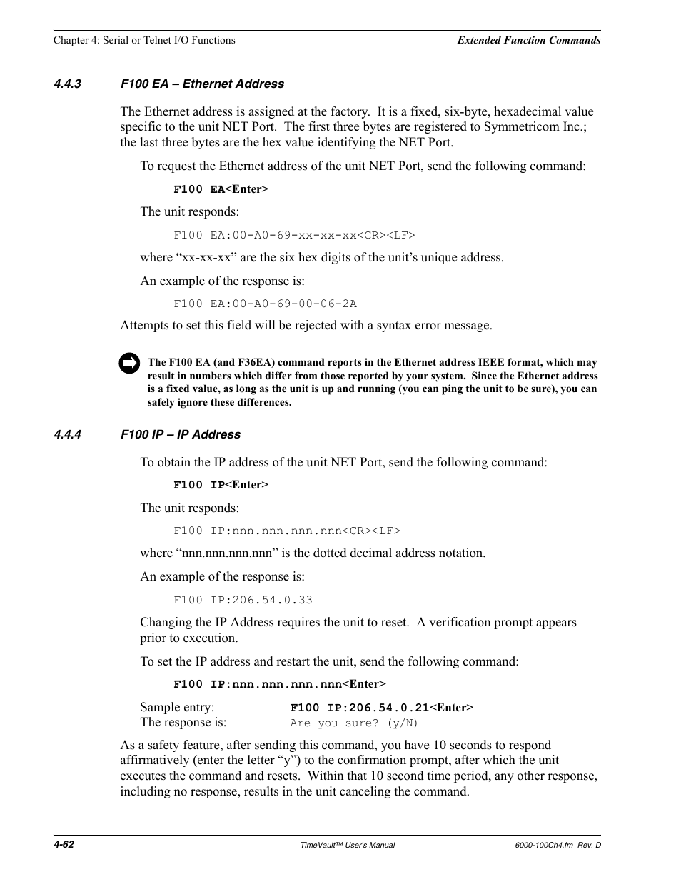 3 f100 ea - ethernet address, 4 f100 ip - ip address, F100 ea – ethernet address | F100 ip – ip address | Symmetricom Time Server User Manual | Page 76 / 148